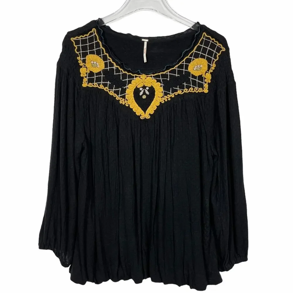 Free People Embroidered Smocked Begonia Top Linen Blend Black Size Large
